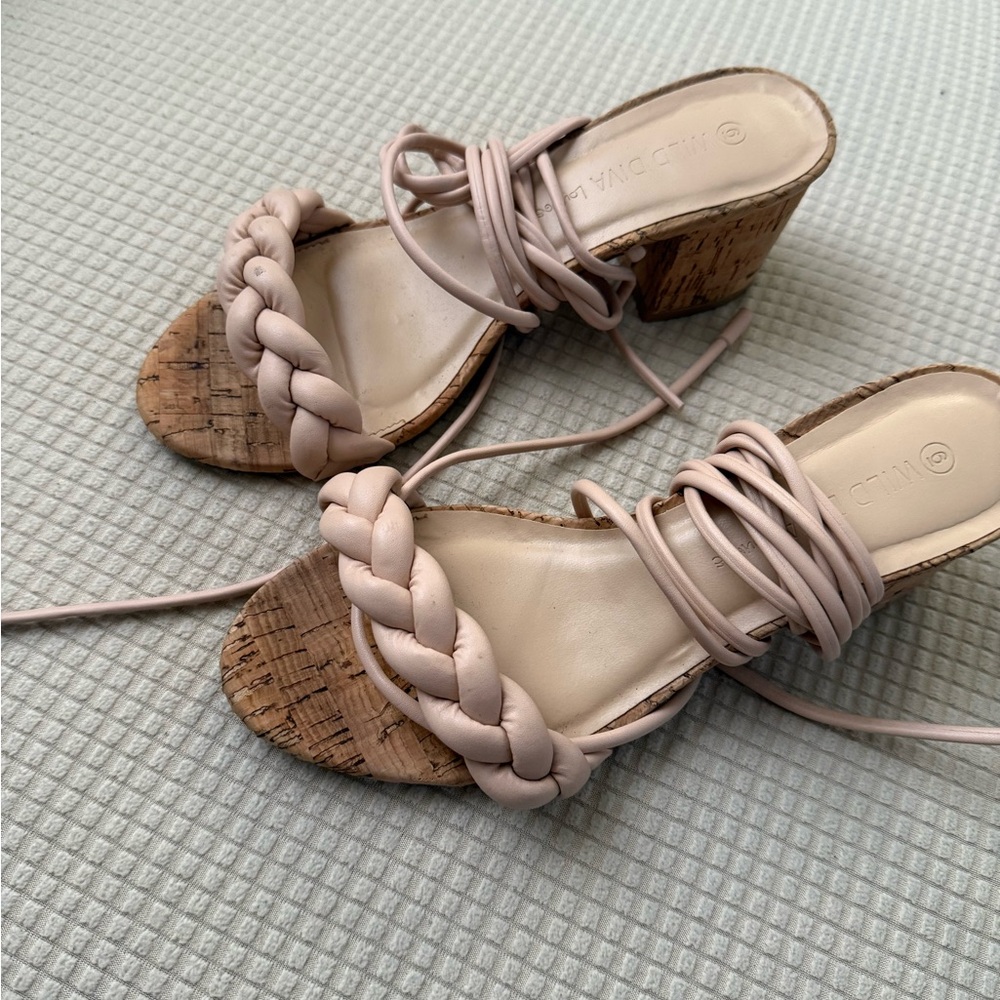 Braided Strap Cork Wedge Sandals - Pink